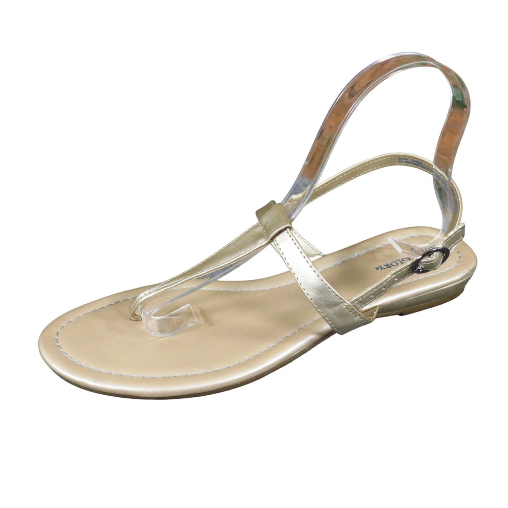 Faded Glory Olivia Women Sandals Size 8 Summer Dress Flat T-Strap Metallic Gold
